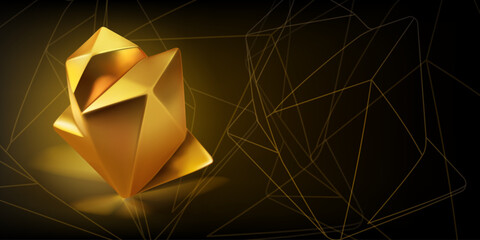 Abstract background with a golden low-poly 3d object in the form of a polyhedron and a outlines of geometric shapes on a dark background