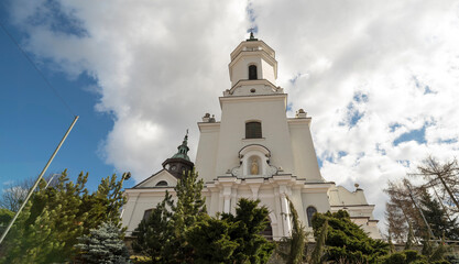 Zabytkowy kościół pw . Świętego Michała Archanioła w Ostrowcu Świetokrzyskim na tle nieba niebieskiego z chmurami . Widoczna wieża kościelna ( dzwonnica) , oraz liczne krzewy i drzewa .  © Grzegorz
