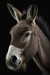 Generative AI. Portrait of young donkey, grey and brown. Farm animal.