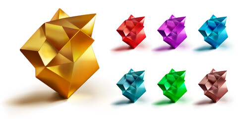 Set of low poly 3d shapes as a abstract polyhedrons with a shadow on a white background