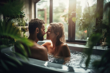 Romantic Spa Getaway. A couple enjoying a relaxing hydrotherapy bath surrounded by lush plants and an interior garden. Serene and intimate atmosphere. Wellness and relaxation concept. AI Generative