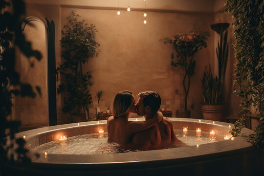 Romantic Spa Getaway. A couple enjoying a relaxing hydrotherapy bath surrounded by lush plants and an interior garden. Serene and intimate atmosphere. Wellness and relaxation concept. AI Generative