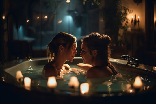 Romantic Spa Getaway. A couple enjoying a relaxing hydrotherapy bath surrounded by lush plants and an interior garden. Serene and intimate atmosphere. Wellness and relaxation concept. AI Generative