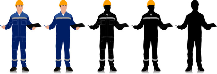 Silhouette of worker with a helmet. A worker holding a clipboard. Different color options. Hand drawn vector illustration isolated on white. Full length view	