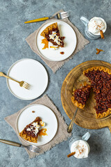 Yummy Pecan pie with sides of hot chocolate