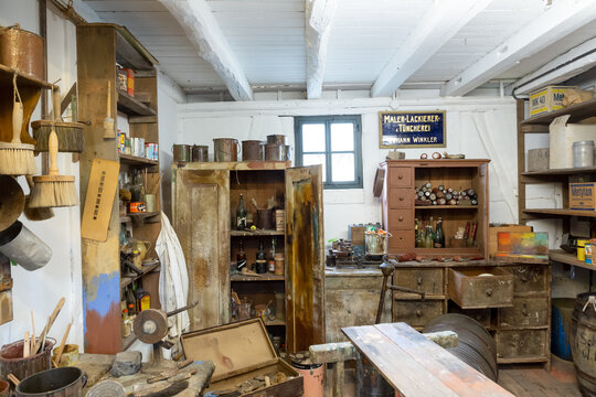 old vintage shop of a painter from the sixties last century with all goods for a construction site in the Hessenpark