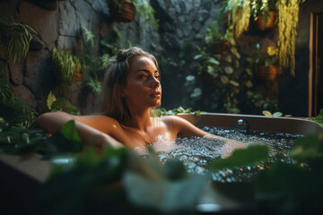 Sensual Hydrotherapy. A naked woman indulging in a relaxing hydrotherapy bath at a spa, surrounded by lush green plants and an indoor garden. Wellness and self-care concept. AI Generative - obrazy, fototapety, plakaty
