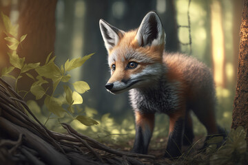 baby red fox in the forest - made with generative ai
