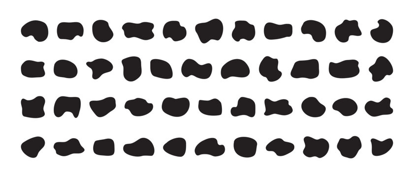 Blob irregular shape, organic random liquid, splodge fluid, round pebble and spot, black silhouette stain set isolated on white background. Simple abstract vector illustration