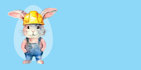 Easter greeting card template with a cute bunny as a builder in a protective helmet. Watercolor style vector illustration.