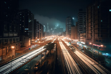 Fototapeta na wymiar City Lights. Night timelapse of vibrant cityscape lights with traffic trails, showcasing the energy and liveliness of urban environments. Cityscape and motion concept. AI Generative