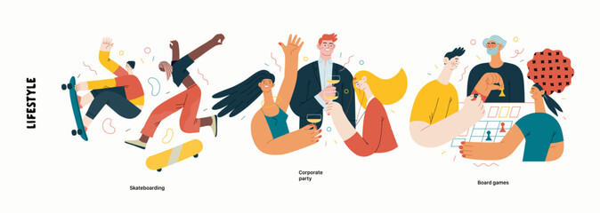 Lifestyle series - modern flat vector illustration of Corporate party, Skating, Board games with friends. People activities methapors and hobbies concept