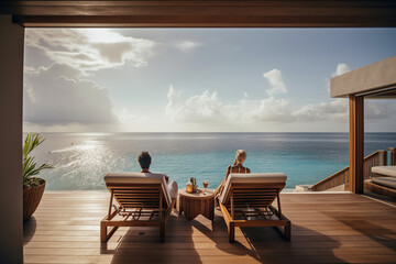 Fototapeta premium Romantic Outdoor Living. Embrace a stylish and comfortable lifestyle with a couple lounging on the terrace bed of a luxury house overlooking the beach. Vacation concept. AI Generative