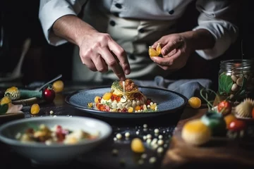 Fotobehang Gourmet Professional chef prepares a tasty and visually stunning dish on a plate, showcasing the artistry and skill of Michelin-starred restaurant cuisine. Gourmet and culinary concept. AI Generative © Mr. Bolota
