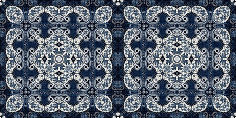 Retro indigo floral bandana 2 tone patterned fabric border background. Seamless boho denim blue banner edge design. Fashion masculine endless edging trim . 
