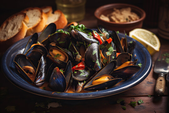 The Best Seafood gastronomy, Fresh and Delicious Mussels with Mediterranean Flavors - AI Generative