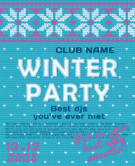 Winter party poster vector design. Invitation for ugly sweater party design, holiday season greetings card, merry christmas evening, xmas show poster on jacquard knitwear