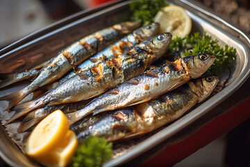 A Delicious Traditional Portuguese Dish: Grilled Sardines with Peppers, Bread and Olive Oil - Perfect for Popular Festivals and Saints Celebrations in Portugal AI Generative