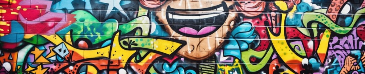 Vibrant colors come alive in this street art mural, expressing the artists creativity through a mix of text and graffiti. Full Frame, Generative AI	