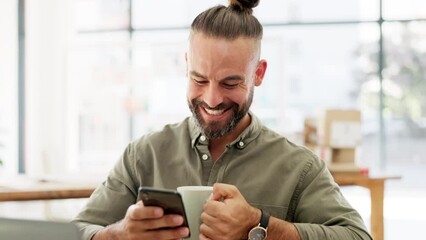 Phone, coffee and break with a business man in his office, laughing while looking at a meme on social media. Funny, mobile and relax with a young male designer drinking a beverage at his desk