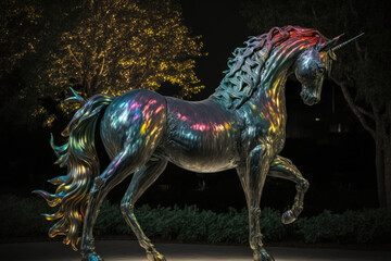 a statue of a unicorn made of shiny metal stands in a park created with Generative AI technology