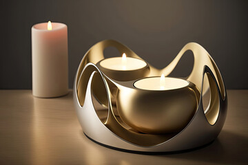 two candles in a beautiful silver and gold candle holder created with Generative AI technology