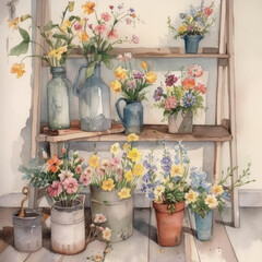 A cute cottage-core illustration of pretty spring flowers on a rustic shelf. Generative AI. 
