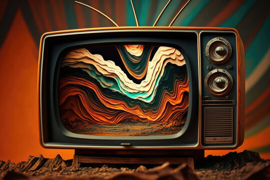 old tv set radiating a certain nostalgia, a colorful abstract picture can be seen on it created with Generative AI technology