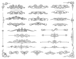 Calligraphic frames set. Collection of graphic elements for website or book. Abstract antique patterns and ornaments. Motifs and scrolls. Cartoon flat vector illustrations isolated on white background