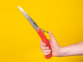 A hand holds an foldable pruning saw. No face, yellow background, copy space.
