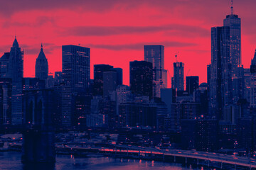 Obraz premium Colorful night lights shining&nbsp;with the Brooklyn Bridge and buildings of Manhattan in New York City with red and blue colors
