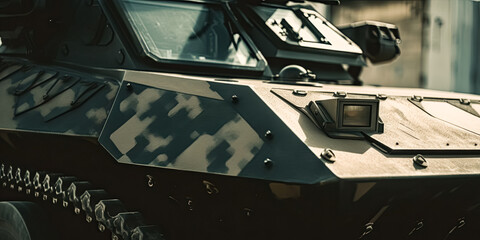 Military engineering vehicle, Army or military tanks ready to attack in a battle moving over a deserted battlefield terrain. digital art	