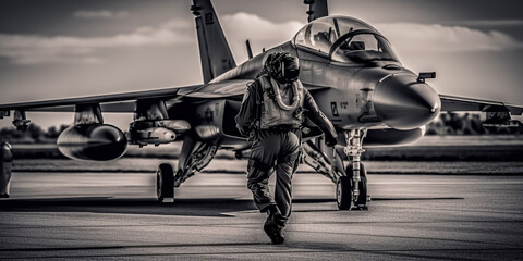 Fototapeta premium A fighter pilot in a helmet and goggles walks along the runway towards the fighter. digital art