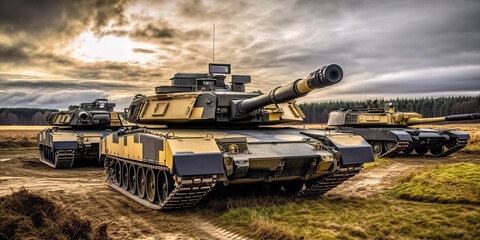 Army or military tanks ready to attack in a battle moving over a deserted battlefield terrain. digital art	