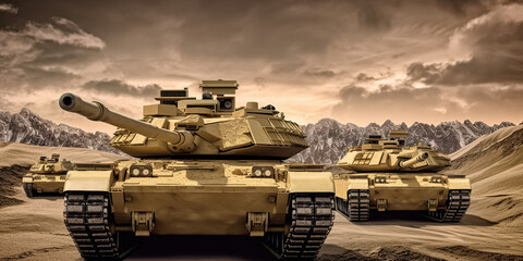 Fototapeta na wymiar Army or military tanks ready to attack in a battle moving over a deserted battlefield terrain. digital art 