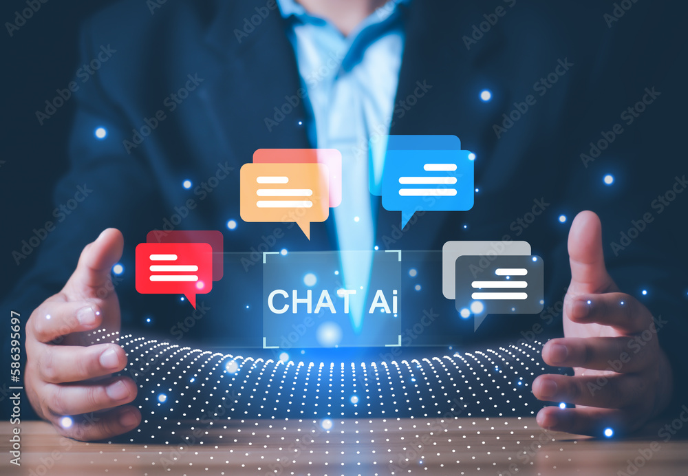 Poster businessman chat with ai, artificial intelligence. man using technology smart robot ai, artificial i