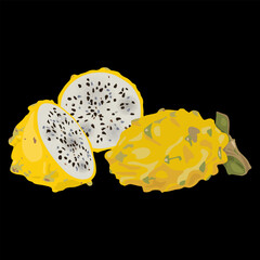 Cut and whole fresh Yellow Dragon Fruit or Pitaya. Pitahaya cactus. Selenicereus megalanthus. On black background.