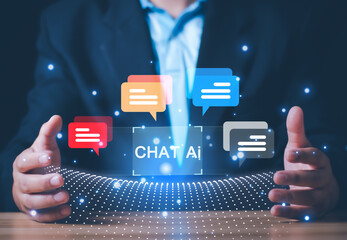 businessman Chat with AI, Artificial Intelligence. man using technology smart robot AI, artificial...