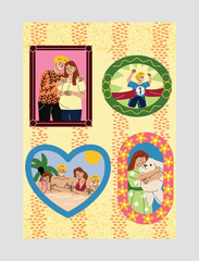 Fototapeta premium People in photos. Family pictures in frames. Memorable moments with pregnancy, family portrait and young children. Loving couple of parents, daughter and son. Cartoon flat vector illustration