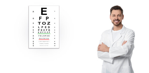Vision test. Ophthalmologist or optometrist and eye chart on white background, banner design