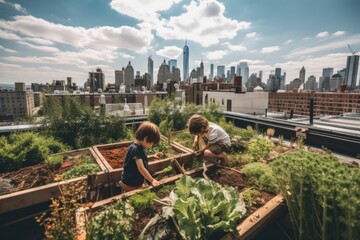 Greening the City. Kids' Commitment to Earth Day on Rooftop Garden over New York City, created with generative A.I. technology.