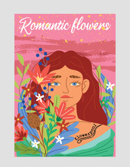 Romantic flowers banner. Woman with flowers and bouquet. Portrait of beautiful young girl with blooming field plants and inscription. Feminism and body positivity. Cartoon flat vector illustration