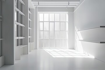 white room with shelves and windows. Generative AI
