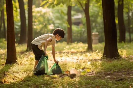 Nature's Hero. A Playful Boy Cleaning Up the Environment in his Neighborhood, created with generative A.I. technology.