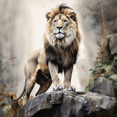 Naklejka premium Portrait of a lion on the rock illustration