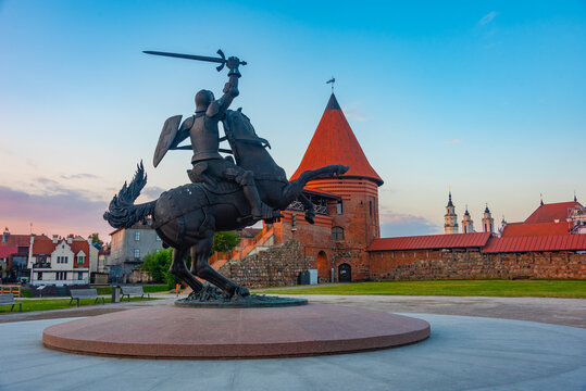 Sunrise view of Vytis Monument and the castle in Kaunas, Lithuania