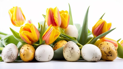 Obraz na płótnie Canvas Tulips and eggs on a white background, easter, spring