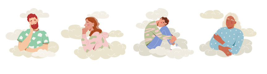 Set of people in clouds. Collection of characters in sky. Dream and imagination. Sleep and rest. Carefree characters with inspiration. Cartoon flat vector illustrations isolated on white background