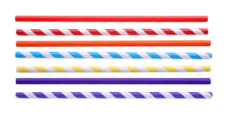 Many different paper cocktail straws on white background