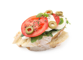 Tasty bruschetta with tomatoes, mozzarella and olives on white background